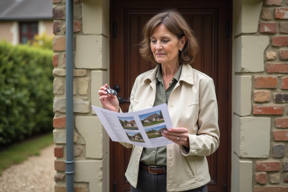 Femme consultant une annonce de location devant une maison de village dans l'Eure en Normandie