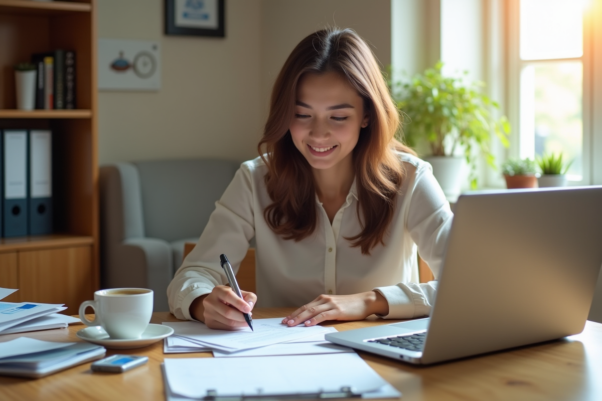 Jeune femme souriante organisant papiers et formulaires