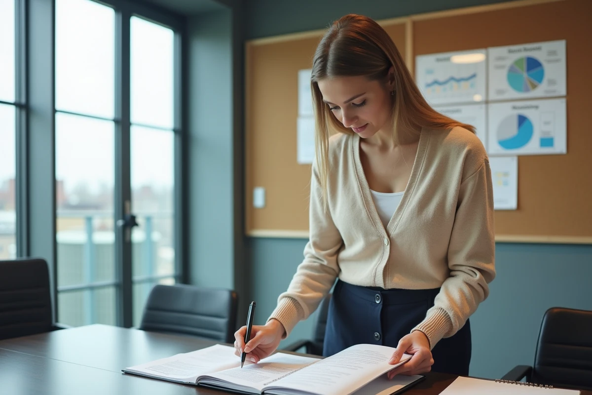 Jeune femme en business casual organise des dossiers fiscaux dans une salle de réunion