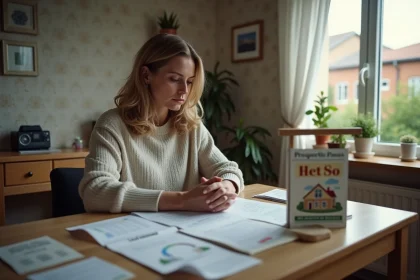 Femme méditant sur des papiers immobiliers dans un salon modeste