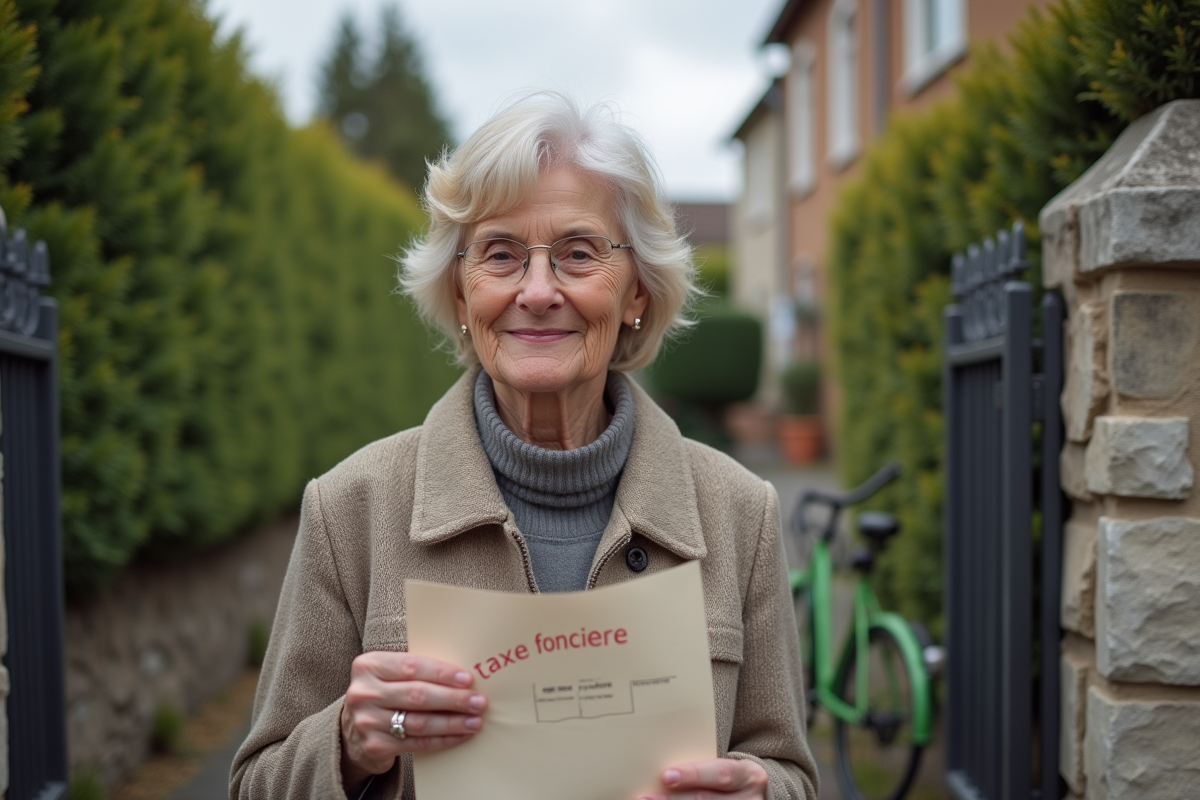 Femme souriante tenant une enveloppe taxe fonciere