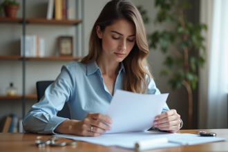 Femme d'affaires examine des documents de prêt immobilier