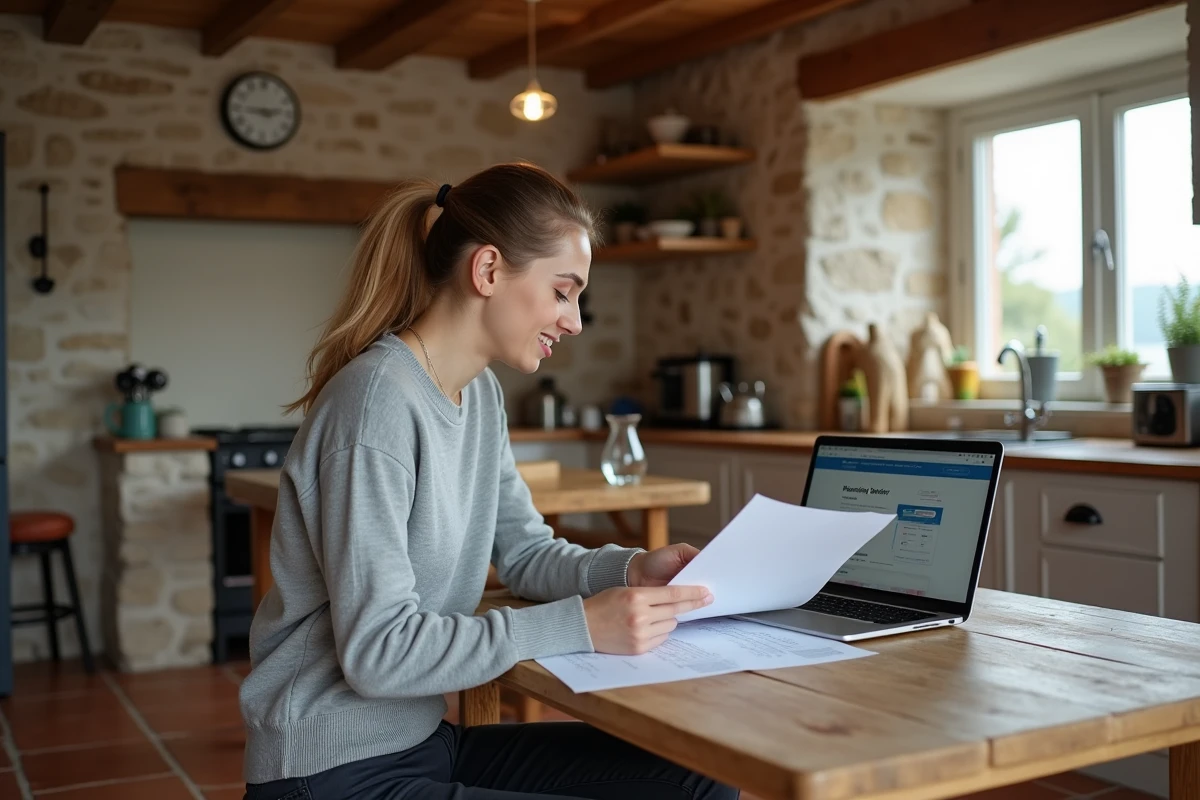 Femme consultant des dossiers de prêt immobilier dans la cuisine d'une maison de pêcheur rénovée