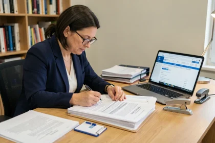 Femme professionnelle organisant des documents immobiliers sur un bureau en bois pour un dossier ERRIAL complet
