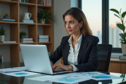 Femme professionnelle analysant des graphiques sur un laptop dans un bureau moderne