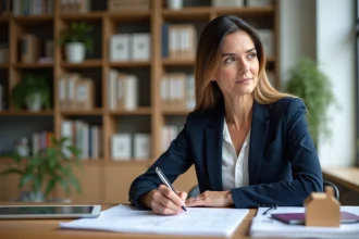 Femme professionnelle en bureau moderne examinant des documents immobiliers