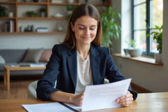 Femme professionnelle en blazer bleu examine des documents de location
