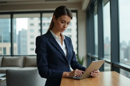 Femme élégante en costume navy utilisant une tablette dans un bureau moderne
