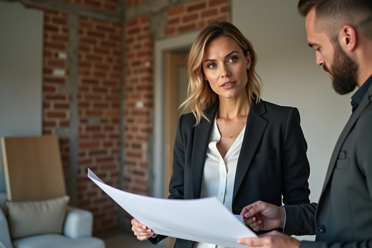 Femme examinant des plans de construction dans une maison en rénovation