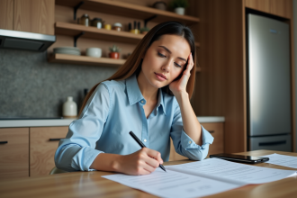 Femme remplissant un formulaire de résiliation d'eau dans une cuisine moderne