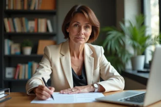 Femme agent immobilier révisant un pré-état daté pour une vente d'appartement à son bureau