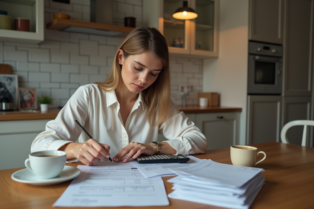 Jeune femme vérifiant une note de révision locative à la maison