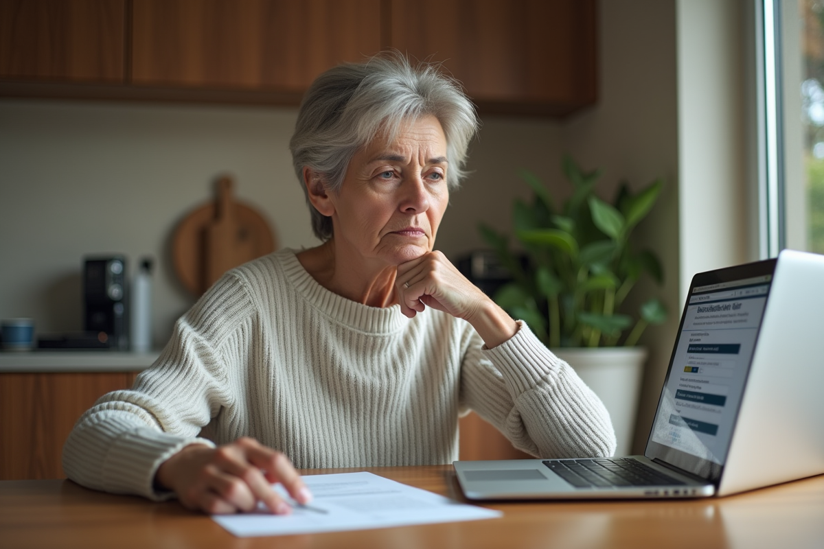 Femme réfléchie à la maison avec documents et ordinateur