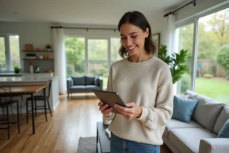 Femme souriante avec tablette dans un salon moderne