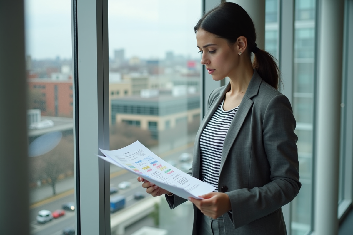 Jeune femme regarde des plans dans un bureau en ville