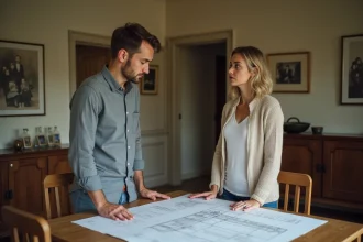 Frère et sœur en indivision examinant les plans de leur maison familiale autour d'une table en bois