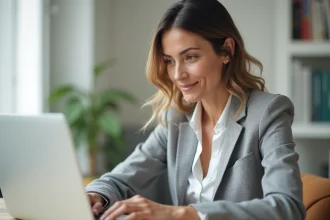 Femme utilisant l'application My Foncia sur son ordinateur portable pour gérer son bien immobilier à distance depuis son bureau à domicile