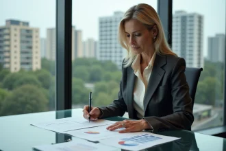 Gestionnaire de portefeuille immobilier urbain analysant des documents dans un bureau moderne avec vue sur la ville