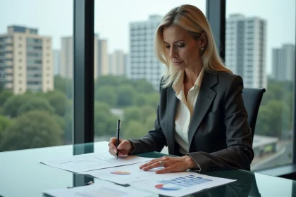 Gestionnaire de portefeuille immobilier urbain analysant des documents dans un bureau moderne avec vue sur la ville