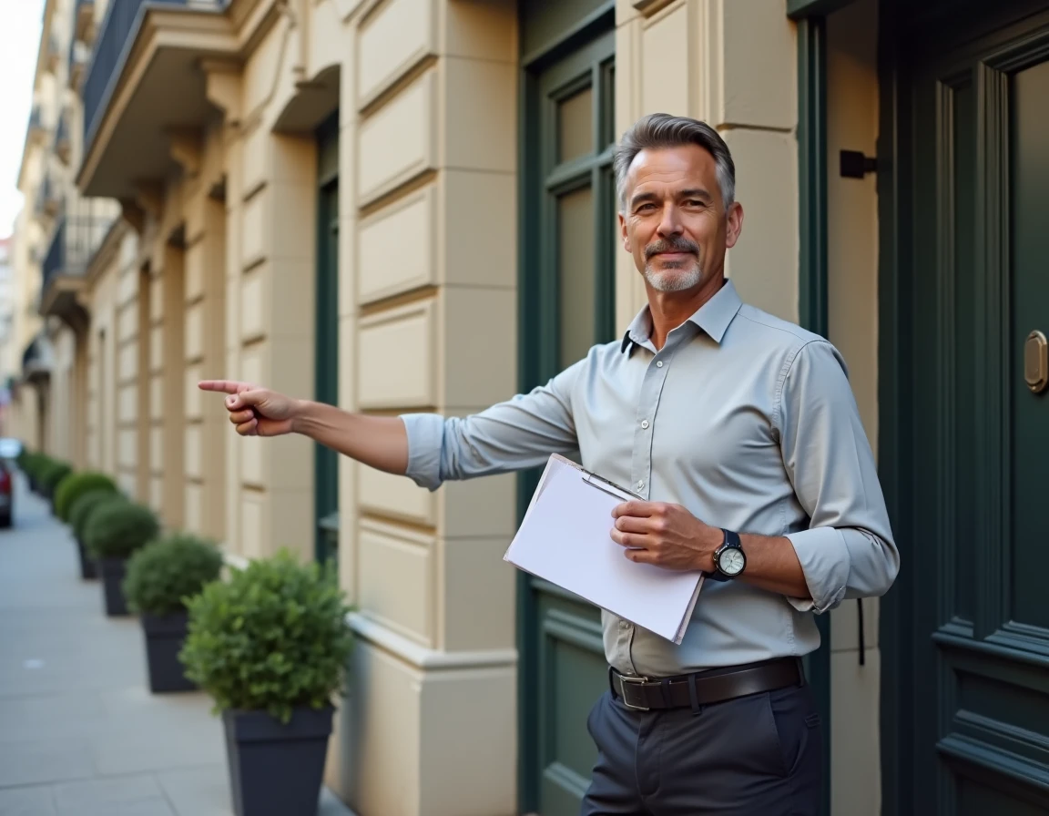 Gestionnaire immobilier devant un immeuble résidentiel français tenant des documents de location