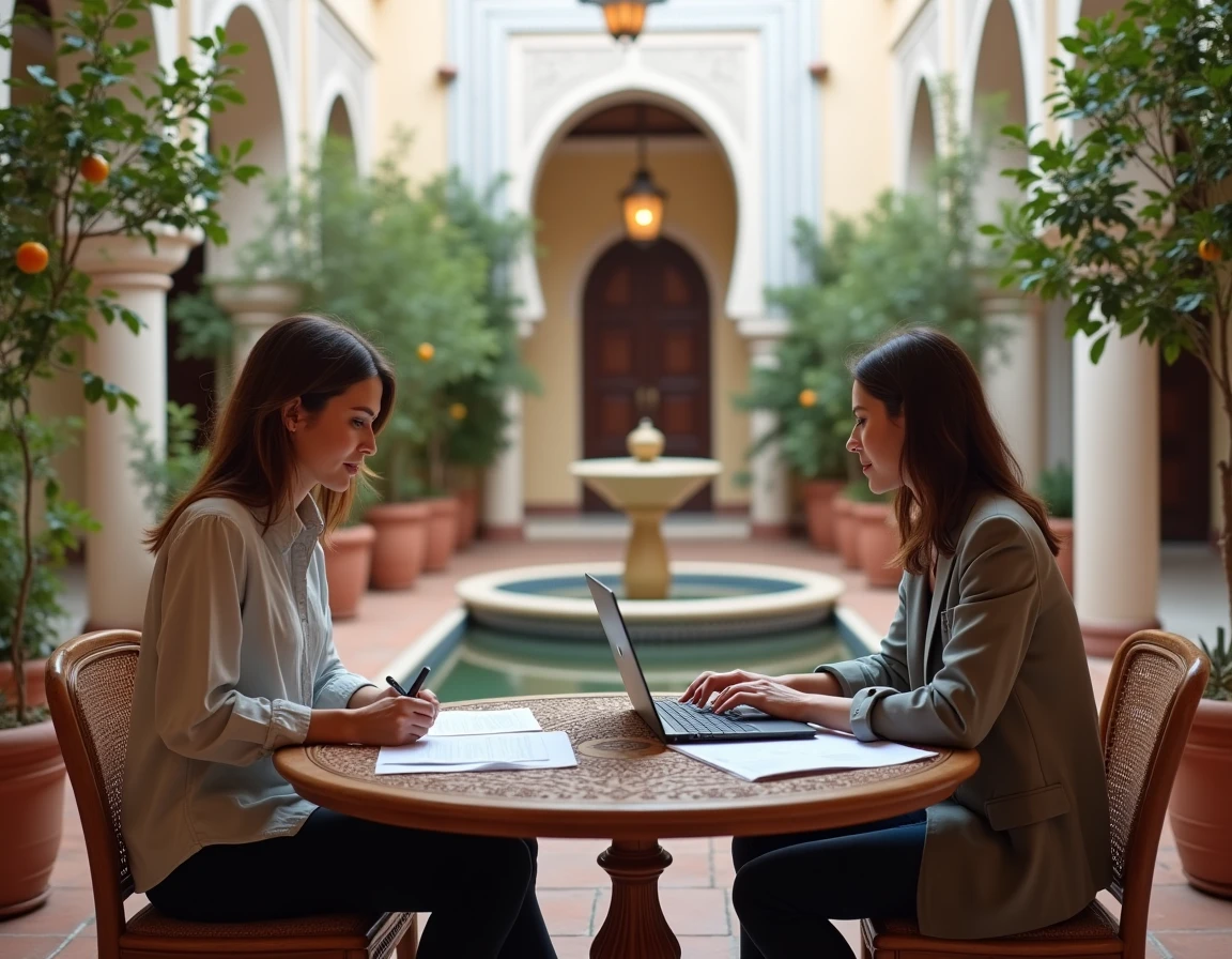 Propriétaire européenne discutant d'un contrat de gestion locative avec un gestionnaire marocain dans un patio de riad à Marrakech