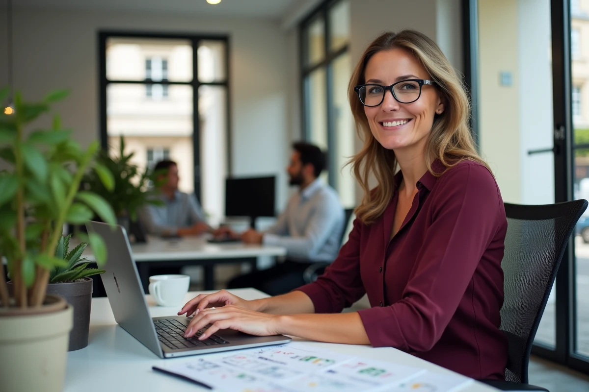 Gestionnaire locative souriante de l'agence Dumoulin 87 travaillant sur les dossiers de location depuis son bureau à Limoges