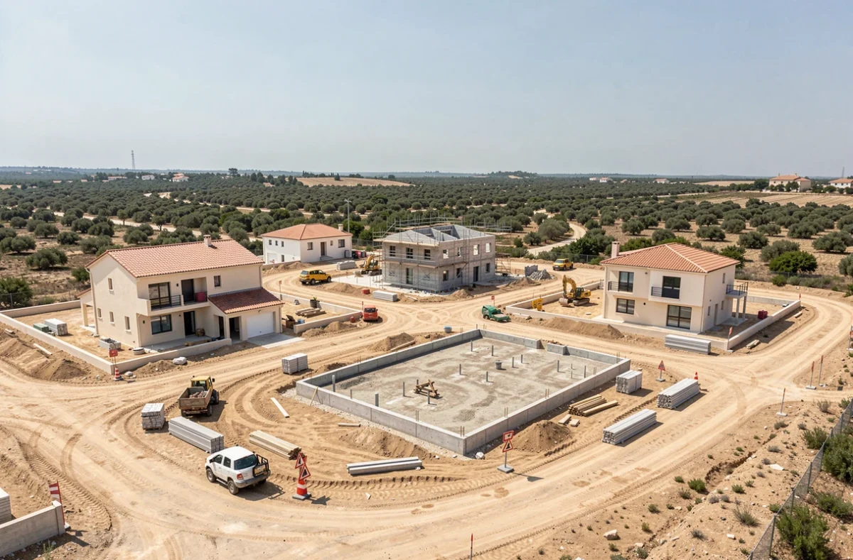Chantier de lotissement géré par le Groupe SECC dans le Gard, montrant plusieurs maisons à différents stades de construction