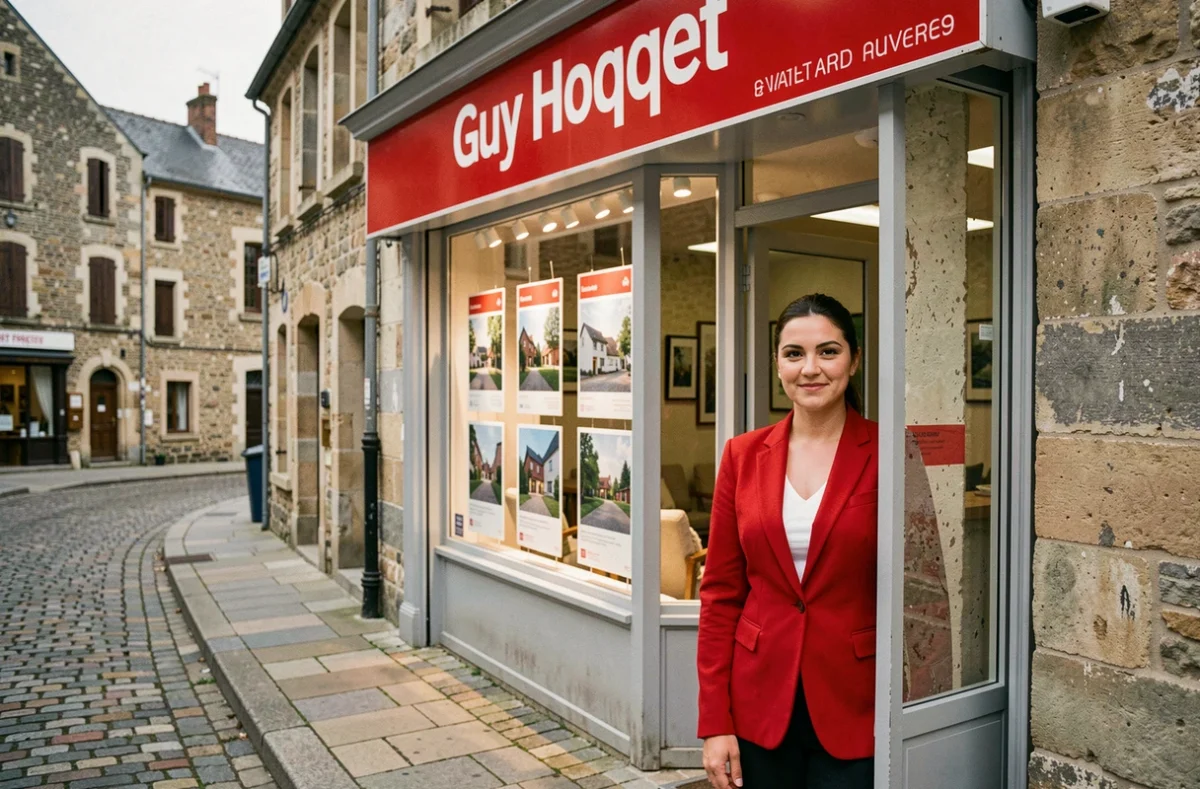 Agente Guy Hoquet en blazer rouge devant la vitrine de l'agence dans une rue commerçante en Haute-Loire