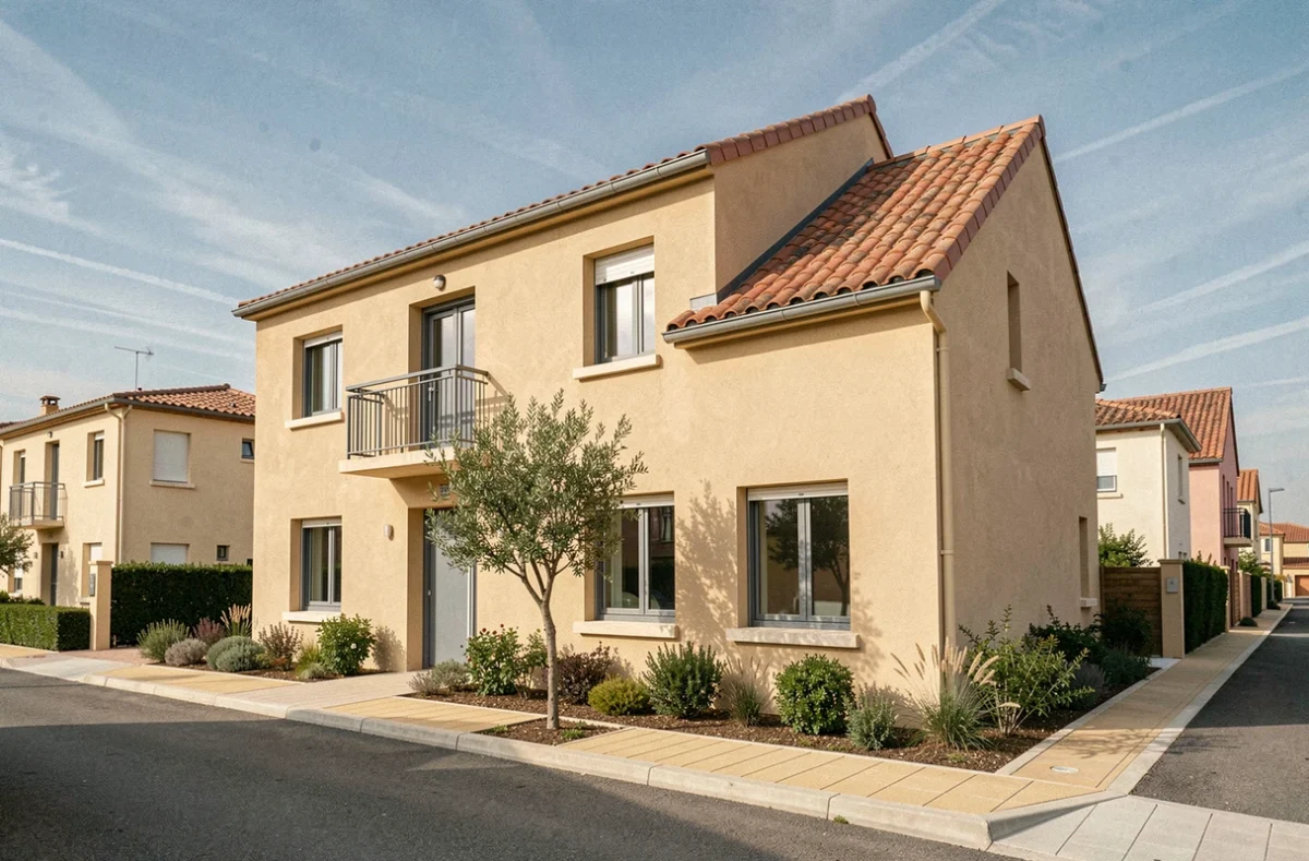 Maison individuelle réalisée par Habitat du Gard dans une zone pavillonnaire, avec façade beige et toit en tuiles à quatre pans