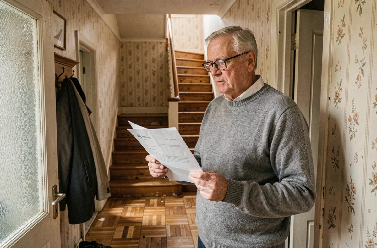 Homme lisant un courrier d'assurance habitation dans le couloir d'une maison familiale héritée