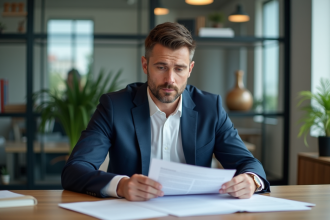 Homme d'affaires en costume examine un contrat dans un bureau moderne
