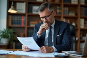 Homme d'affaires en costume bleu examine des documents fiscaux immobiliers