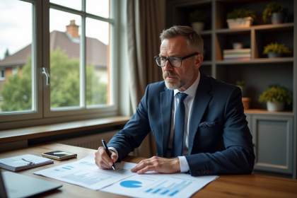 Homme d'affaires en costume bleu dans un bureau moderne