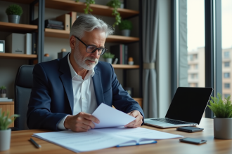 Homme d'affaires en costume bleu examine des documents