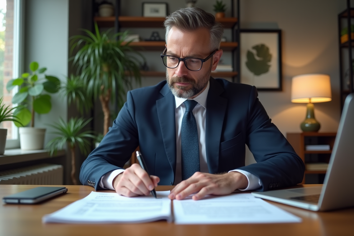 Homme d'affaires en costume regardant des documents fiscaux