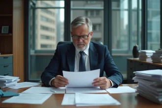 Homme d'affaires anxieux examinant des documents de location