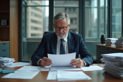 Homme d'affaires anxieux examinant des documents de location