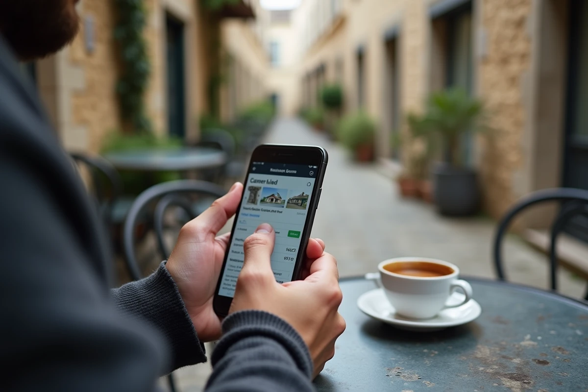 Homme scrutant une annonce suspecte de location de maison sur smartphone dans un café en Puy-de-Dôme