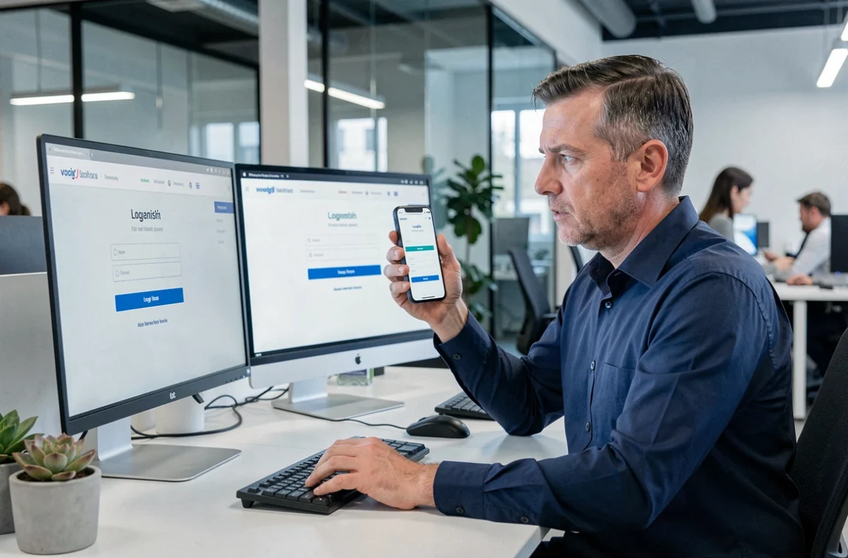 Homme en entreprise consultant son téléphone et son ordinateur pour résoudre un problème de connexion à une plateforme en ligne