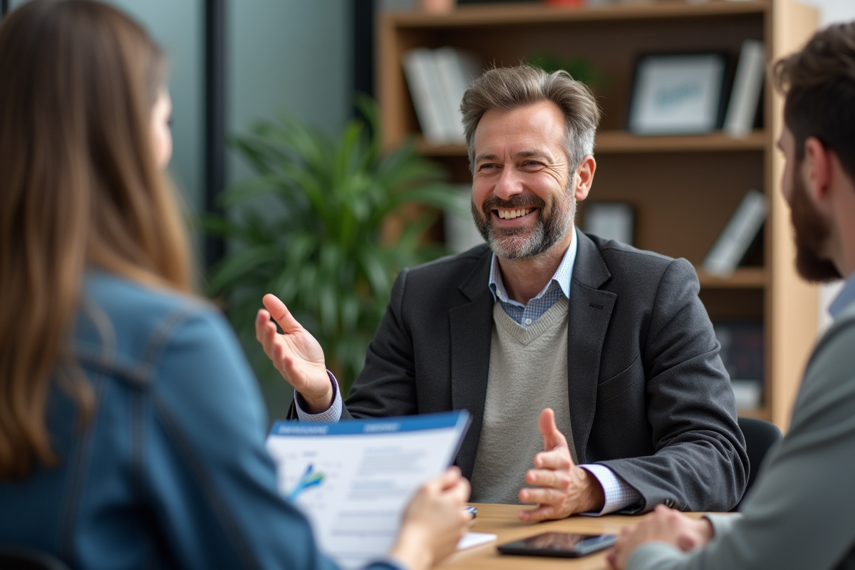 Homme en conversation avec un couple dans un bureau lumineux