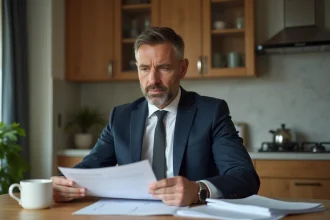 Homme d'affaires examine un contrat d'assurance feu à la maison