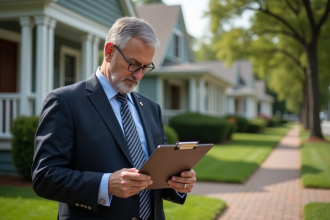 Homme d'âge moyen examinant un dossier devant une maison