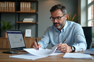 Homme d'affaires examine un contrat de location français dans un bureau