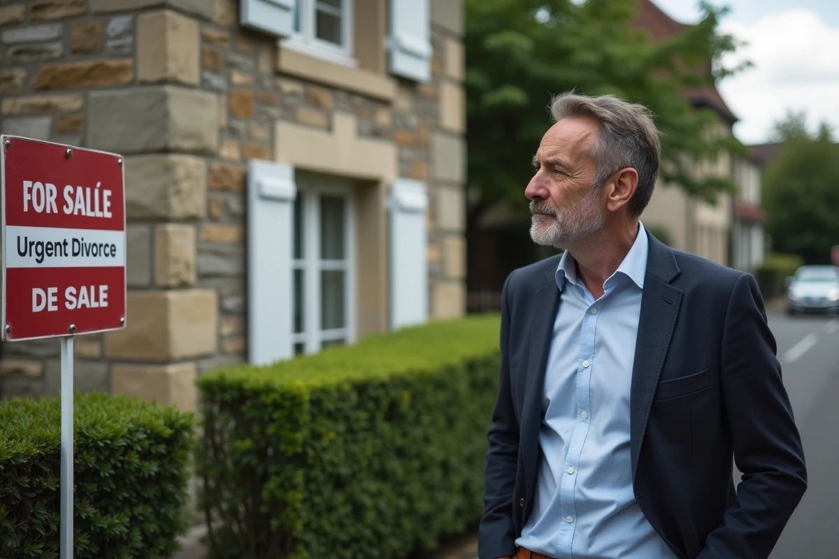 Homme en profil devant une maison à vendre avec panneau urgent divorce