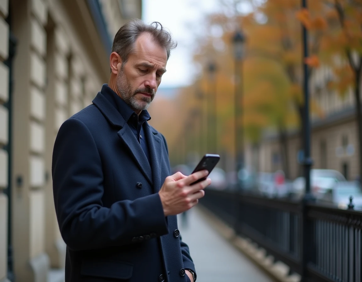 Homme accédant à ses documents de gestion locative sur mobile en extérieur dans une rue urbaine