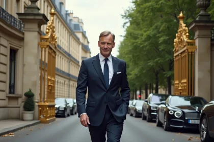 Homme élégant en costume navy devant une demeure parisienne