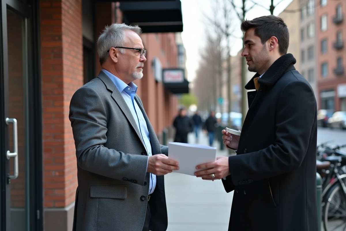 Homme d affaires montre une enveloppe à un avocat en ville
