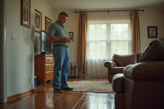 Homme anxieux inspectant son salon inonde avec smartphone