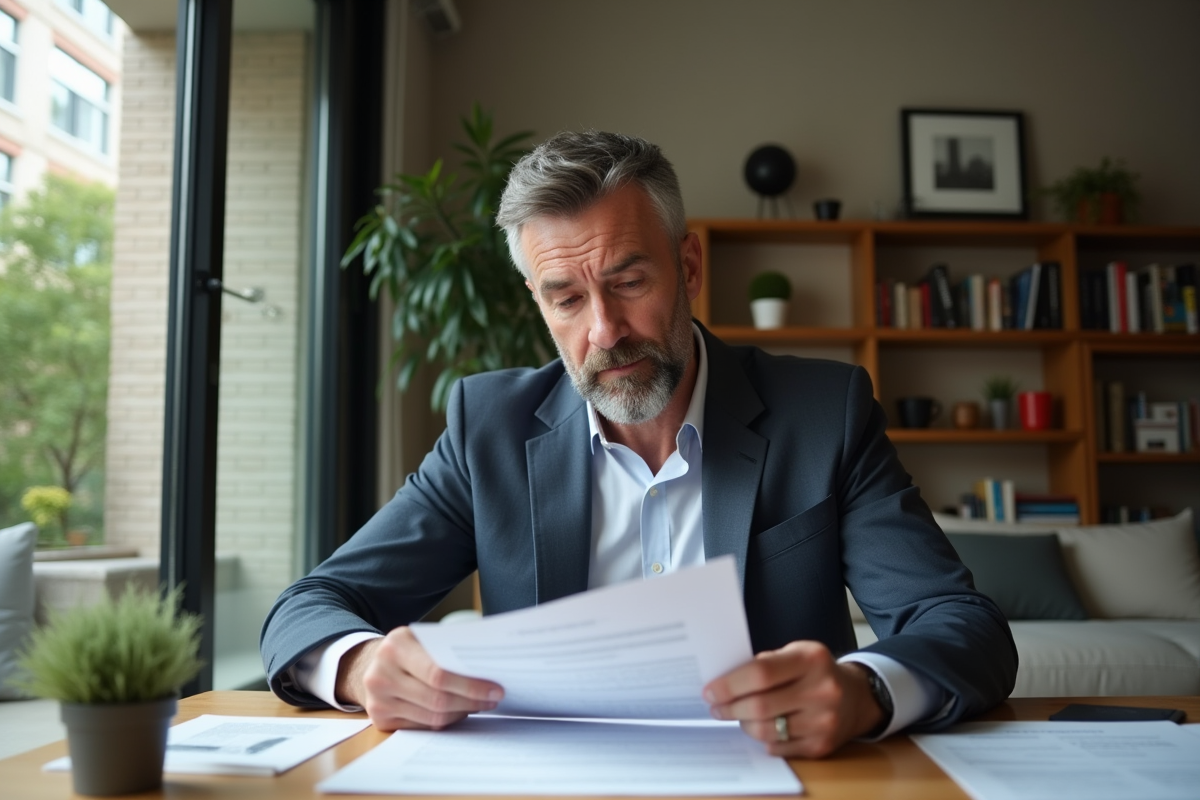 Homme en blazer lisant documents immobiliers dans un appartement