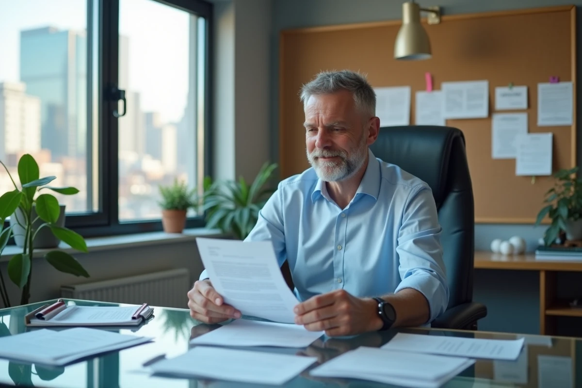 Homme lisant une lettre dans un bureau urbain